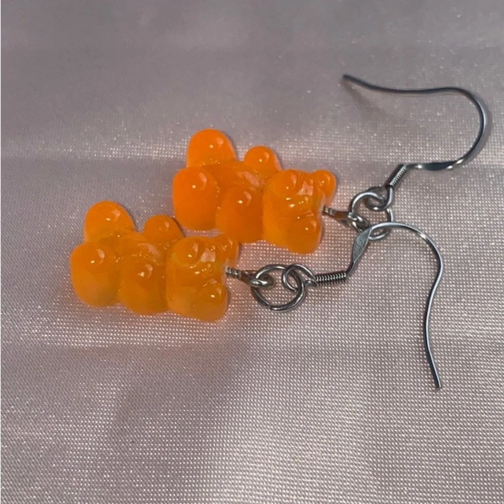 New Handmade Transparent Orange Sterling Silver Resin Gummy Bear Earrings